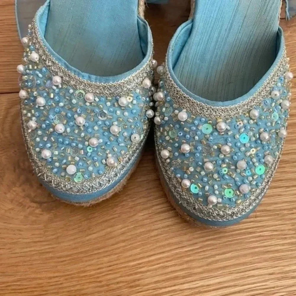 Steve Madden Blue Beaded Espadrilles Tie Up Wedges - Picture 3 of 15